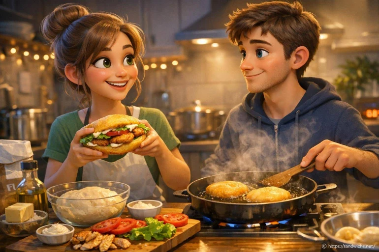 Jeune couple préparant sandwich fait maison