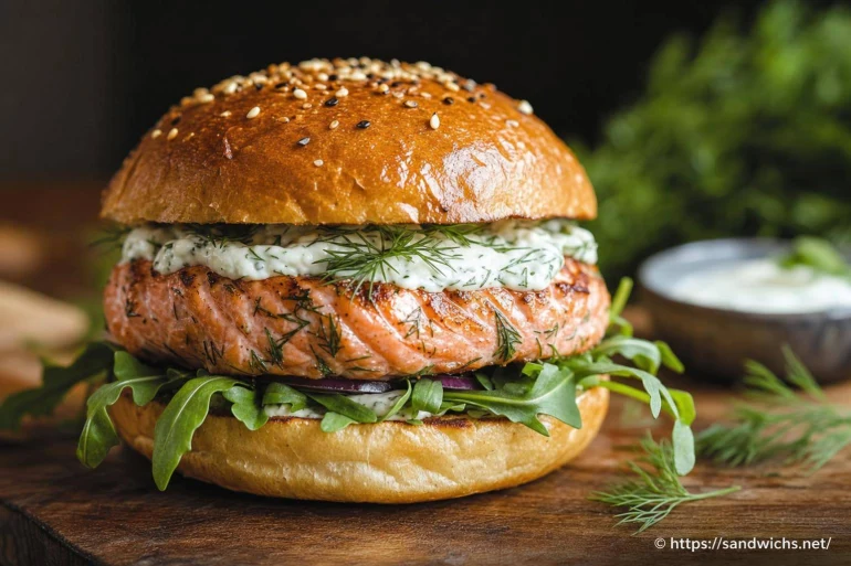 Salmon Dill Burger : le burger maison au saumon, à l’aneth et à la roquette