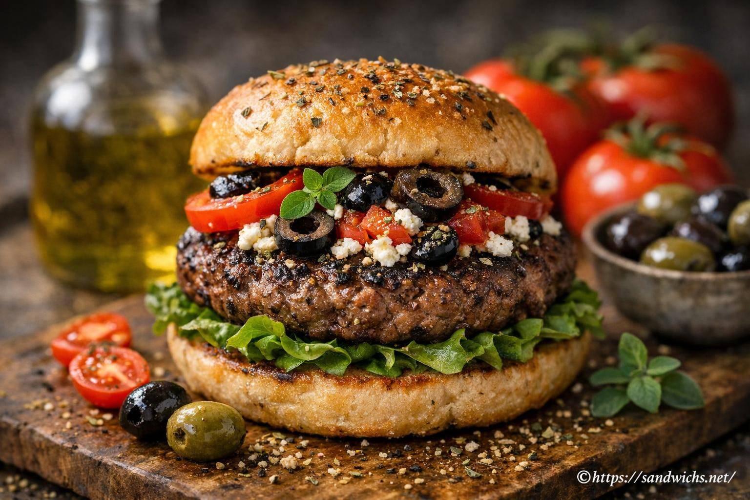 Burger méditerranéen : recette savoureuse au bœuf, olives, tomate et origan